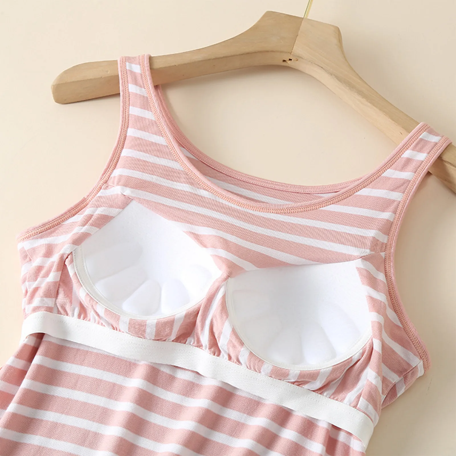 Ladies’ Breathable Striped Sleepshirt with Chest Support - Round Neck Cool Sleepwear Summer Home Leisure Bralette Top