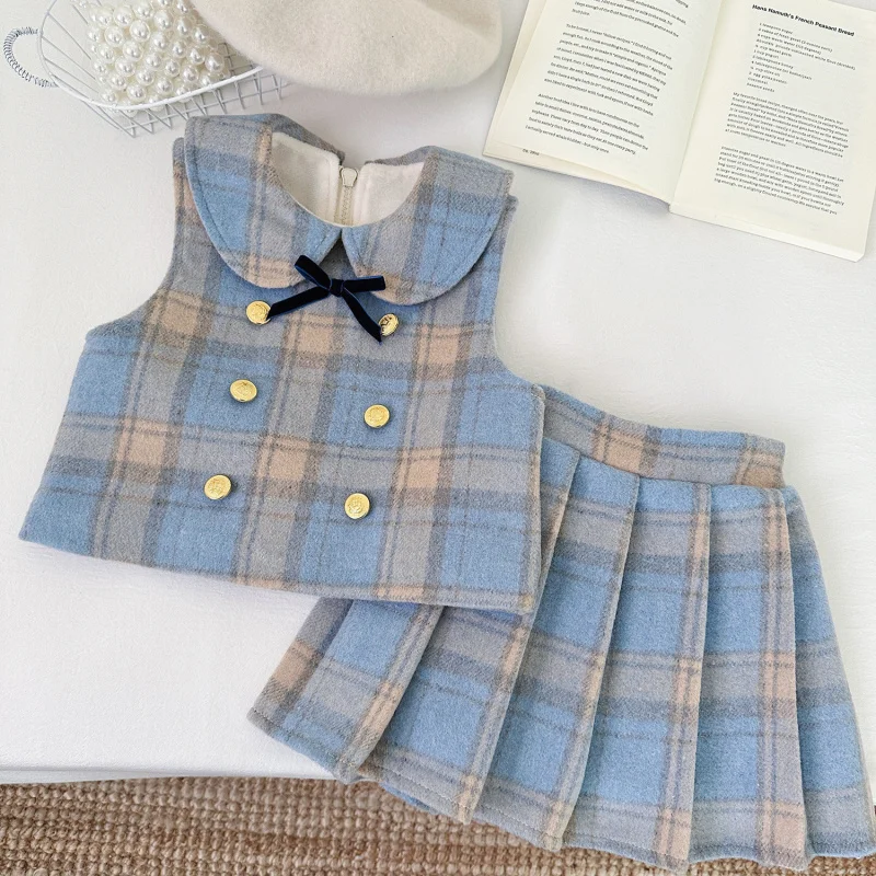 

Girls' Vest Set Winter New Children's Academy Style Fleece Lined Thickened Warm Vest Pleated Skirt Dropshipping