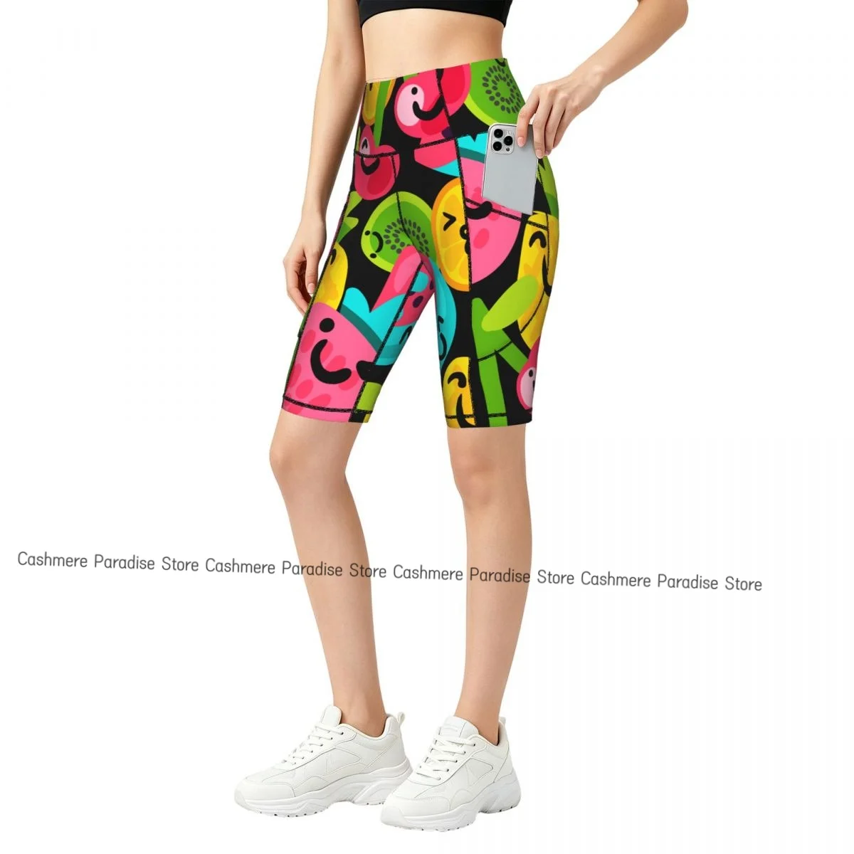 Double Pocket Sports Shorts Women Elastic Slim Fruits_patterns_05- Shorts Gym Exercise Running High Waist Yoga Fitness Shorts