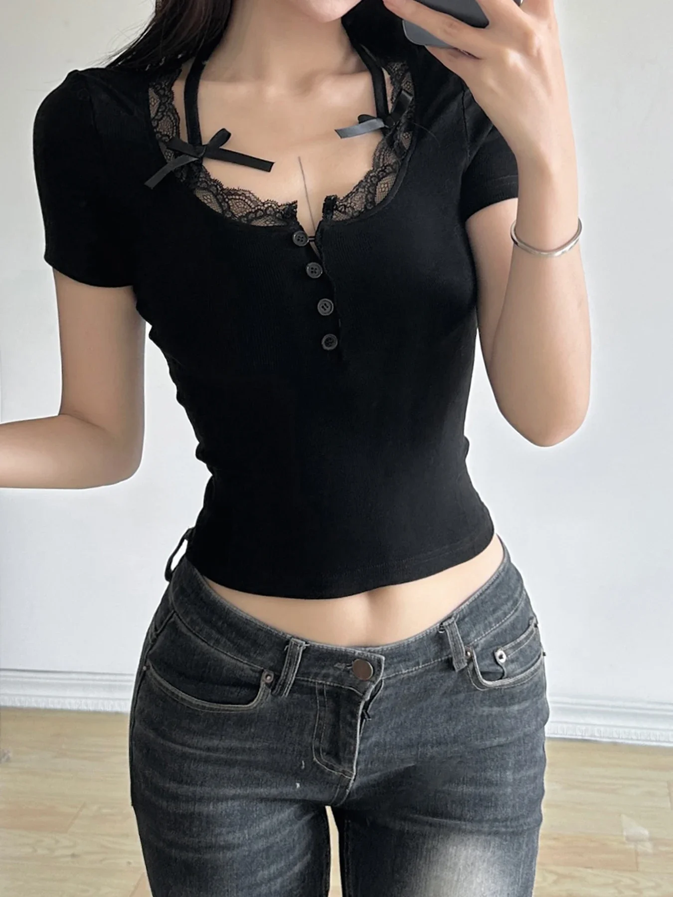 Halter Neck Lace Trim Bow Cute Black  T-Shirt Women Button Up Slim Short Sleeve White Tees Sweet Balletcore Clothing