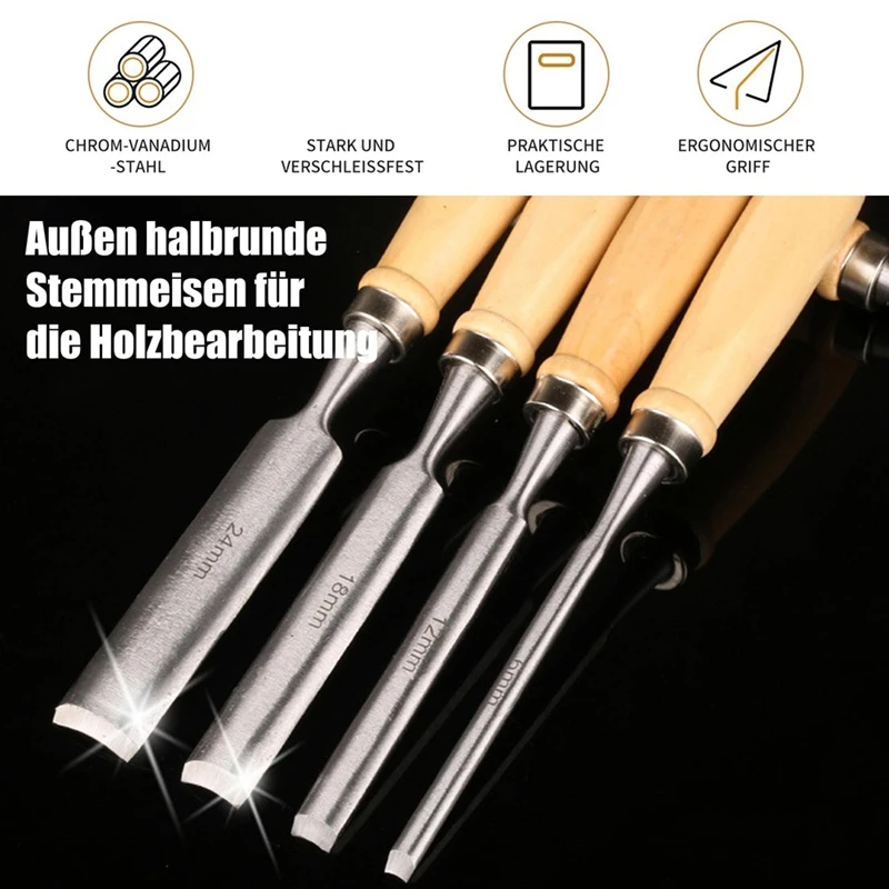 ABUL-Set Of 4 Wooden Chisel Set, Round, Curved Chisel Set, CR-V Steel Semicircular Edge 6Mm/12 Mm/18 Mm/24 Mm For DIY Crafts