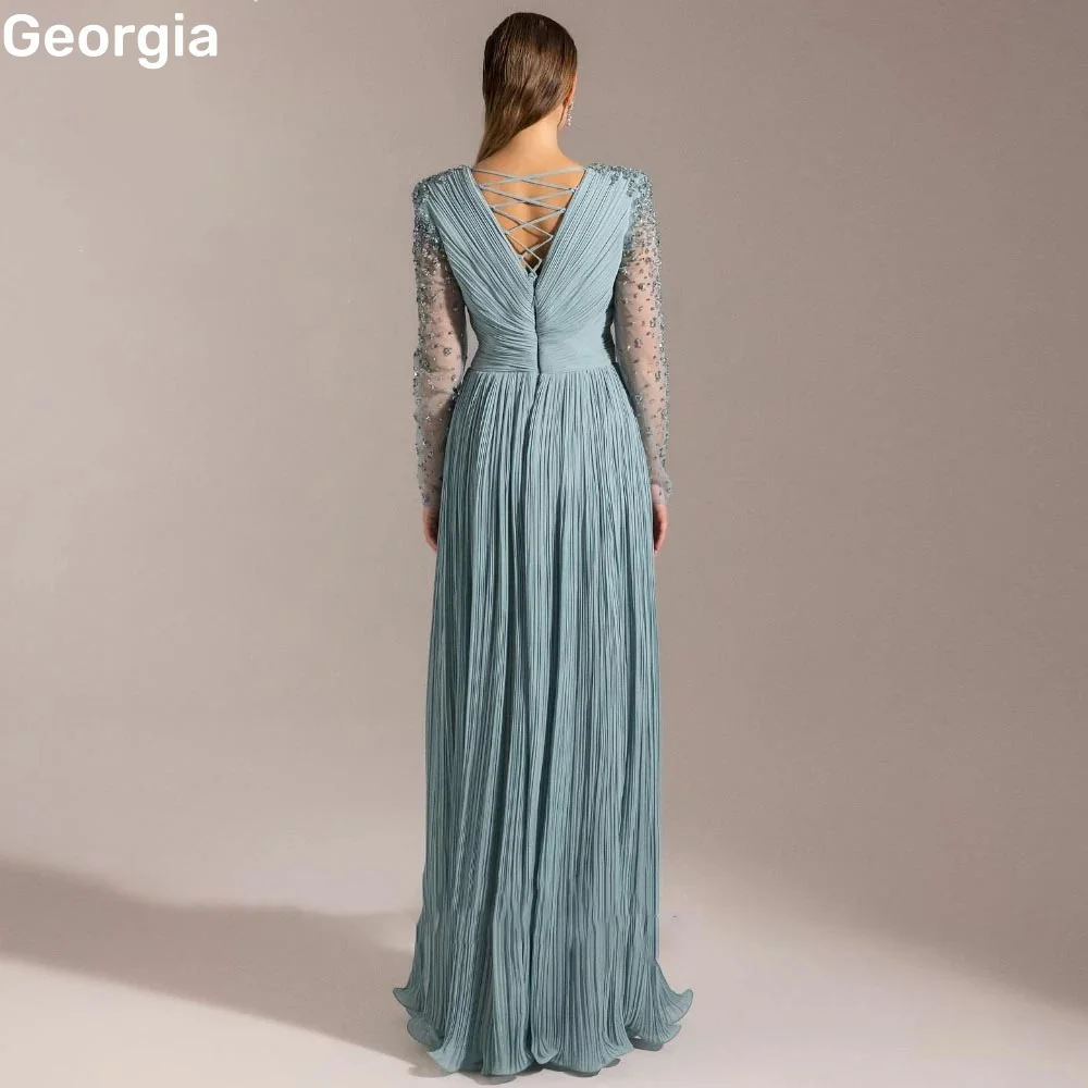 Beaded Customize فساتين سهرة A-Line Deep V-Neck Floor-Length Zipper Up Dress Women Elegant Luxury Long Sleeves Elegant Dresses
