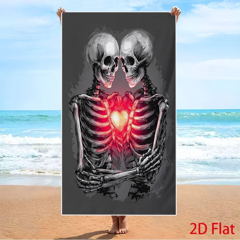Skeleton Couple Hugging Red Heart Print Beach Towel Lightweight Portable Microfiber Pool Bath Towel