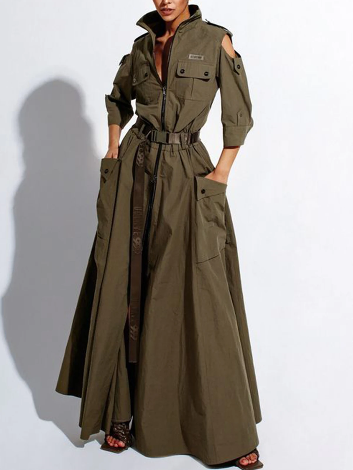 

Cargo Dress for Women 2026 Summer Retro Turn-down Collar Cold Shoulder Half Sleeve Zipper Belt Pockets High Waist Maxi Dresses
