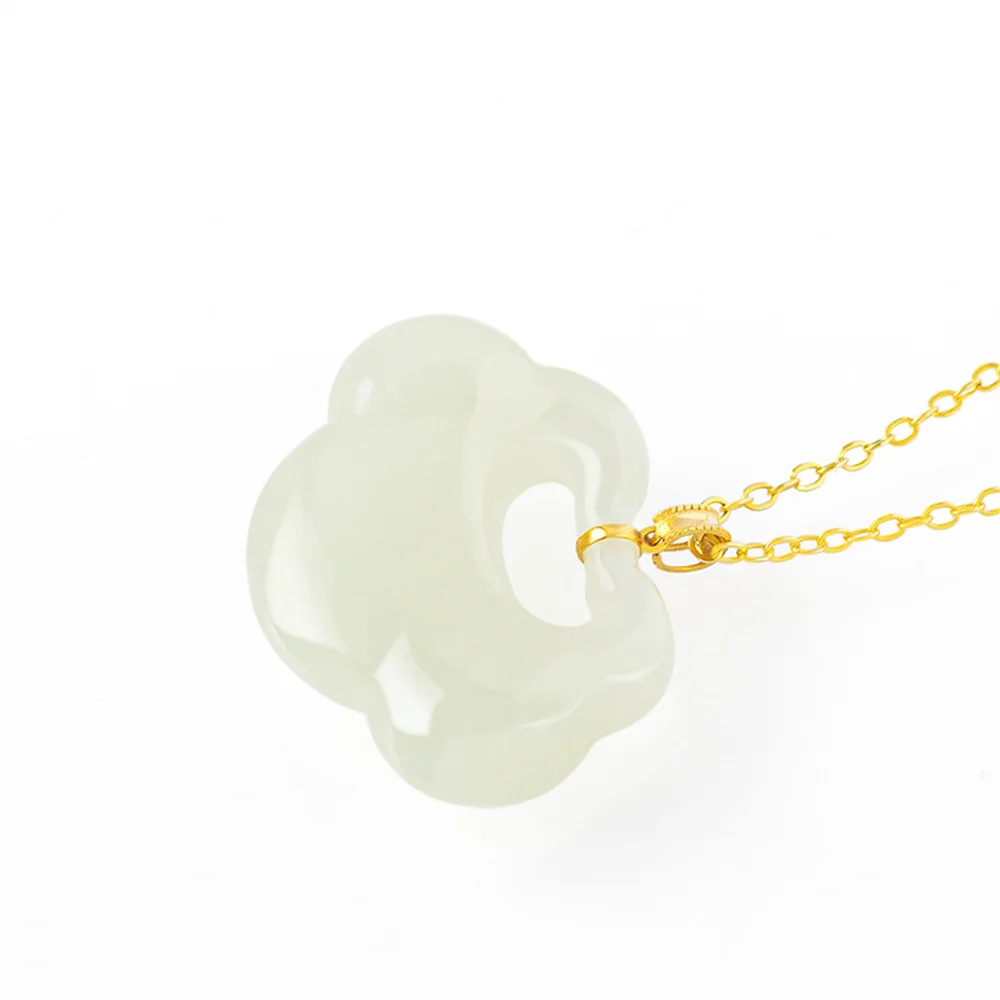 18K Gold Natural White HeTian Jade Lock Design Lucky Pendant Amulet Chain Necklace Certificate Party Luxury Jade Jewelry