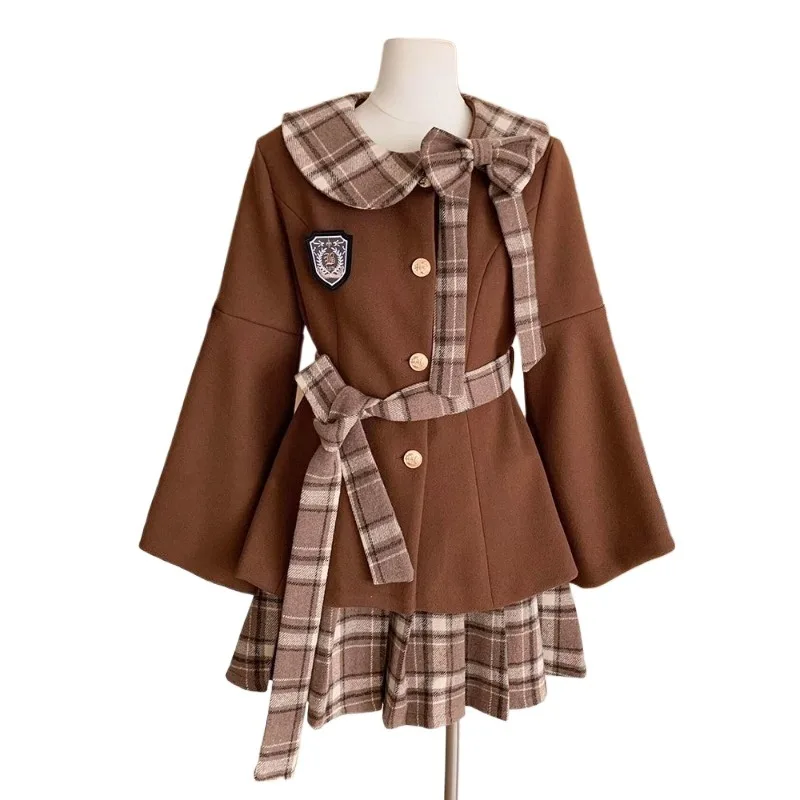 

Chestnut Haiyan 2026, осенне-зимняя японская студенческая возрастная шерстяная куртка с ощущением тысячи золотых на талии + клетчатая юбка, комплект