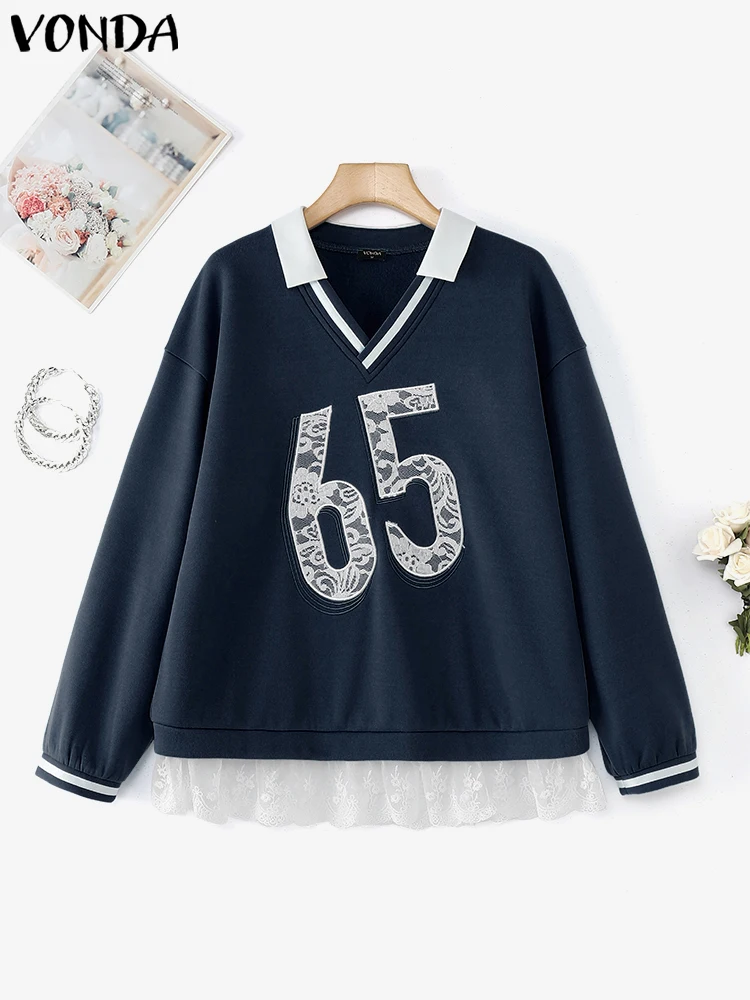 

2025 Autumn Sweatshirts Women Lace Patchork Hoodie Casual Long Sleeve Blouse Streetwear V-Neck Pullovers Oversized VONDA
