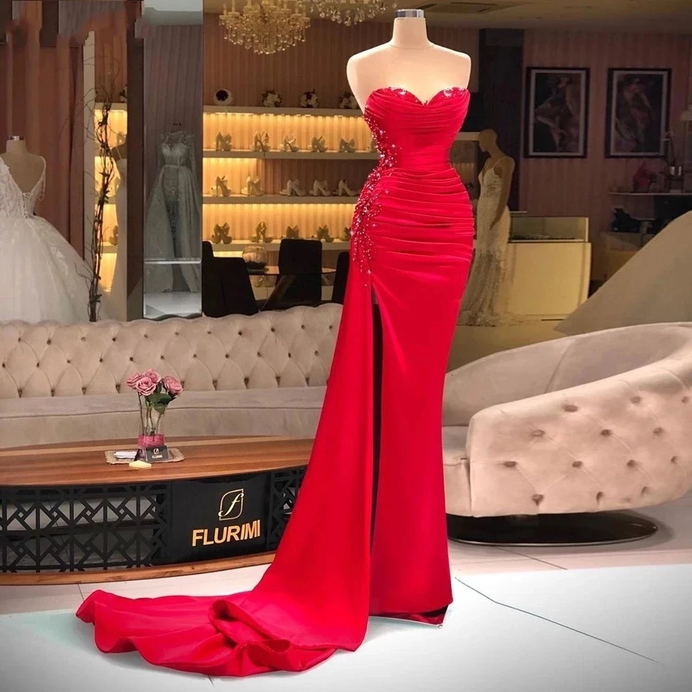 

ANGELSBRIDEP Red Mermaid Prom Party Gowns Saudi Arabic Beading Pleats Dubai Women Abendkleid Slit Side Formal Long Evening Dress