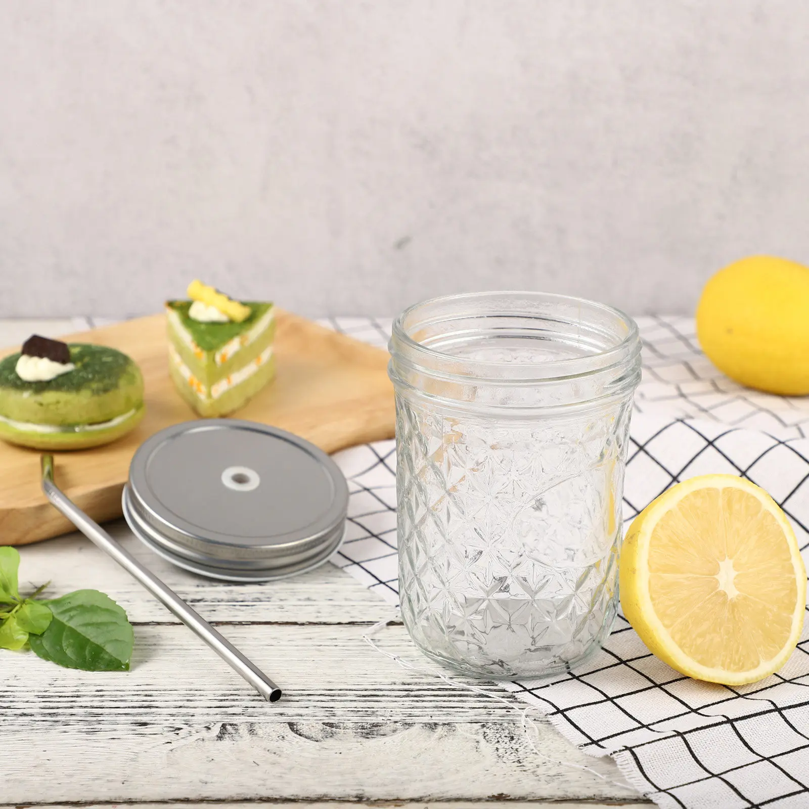 1Set Premium Diamond-Textured Glass Mason Jar with Straw for Juice Wine Tea Cold Hot Drinks Home Office Living Room