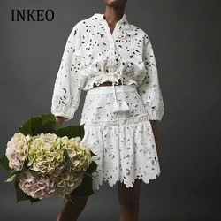 Party lace blouse tops and skirt Women's Summer Boho Sexy embroidery hollow out Female shirt 2 piece set Solid INKEO 2T270