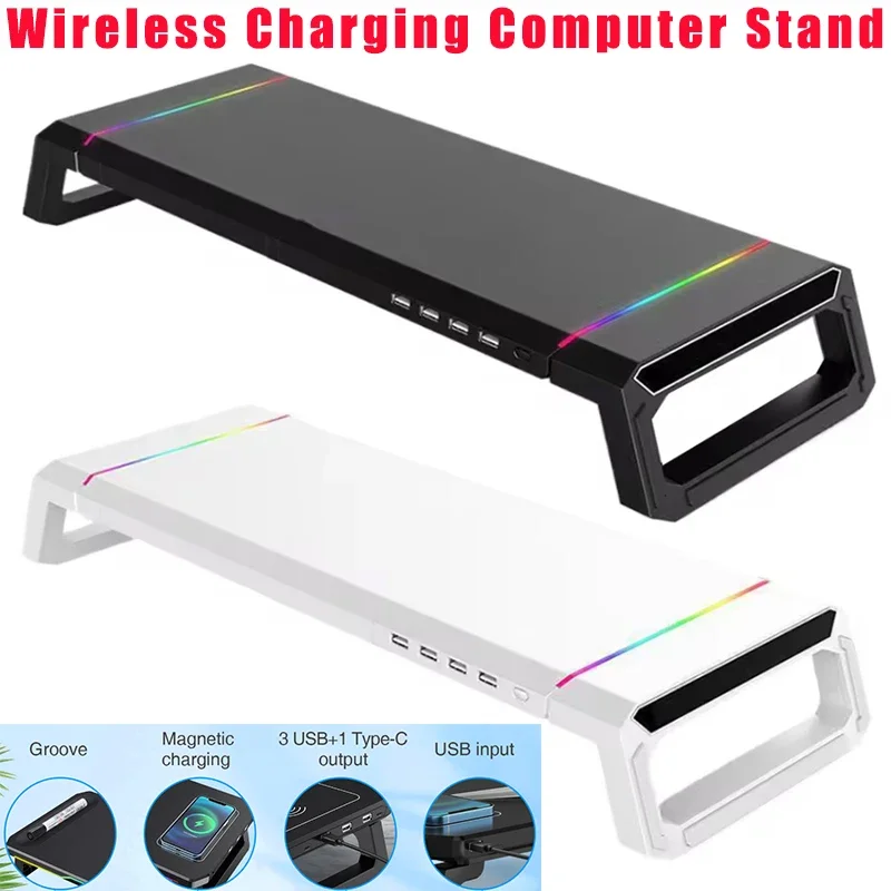 Computer Monitor Riser Stand-9V 2A Wireless Charging Power Input with RGB Lighting&3 USB+1 Type C Output Phone Magetic Charging