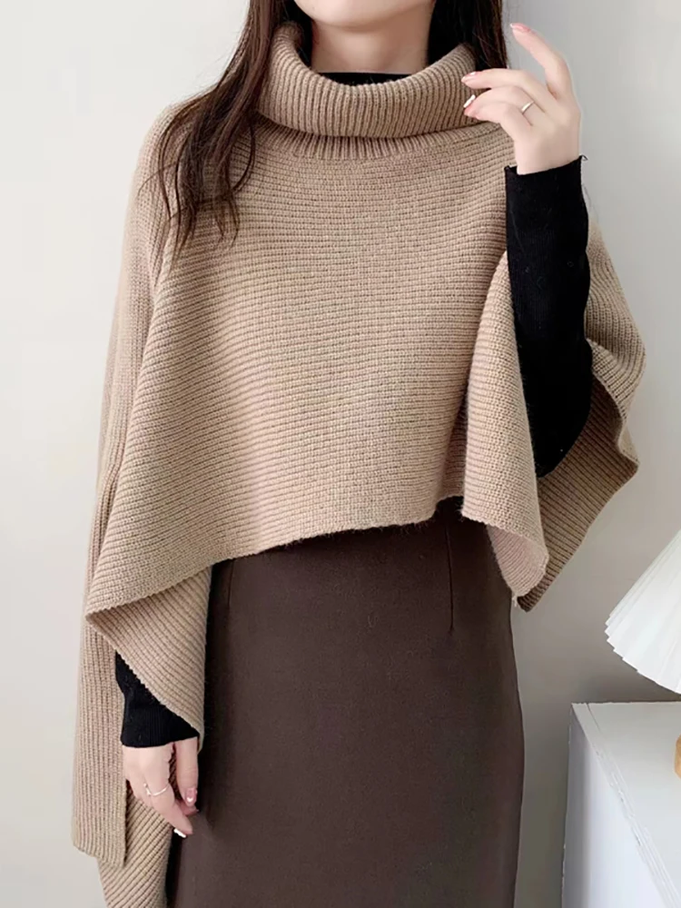 

Heliar Winter Turtelneck Sweaters Women Thermal Knitted Cape Sweater Women 2022 Solid Irregular Casual Shawl Sweater