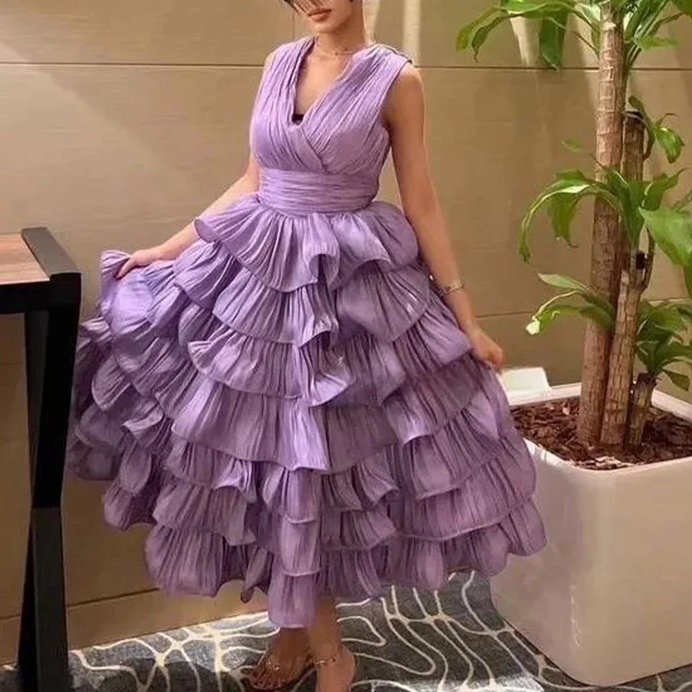 

A-Line Tea Length V-Neck Organza Sleeveless Photo Color Formal and Temperament Evening Dresses Pleats Ruffles Saudi Arabia 2024