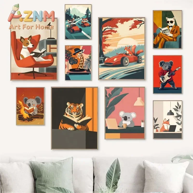 1pc frameless Funny Animals Reading Driving Poster Cute Squirrel Koala Dog Cat Drinking Coffee Canvas Wall Art for Room Home Dec