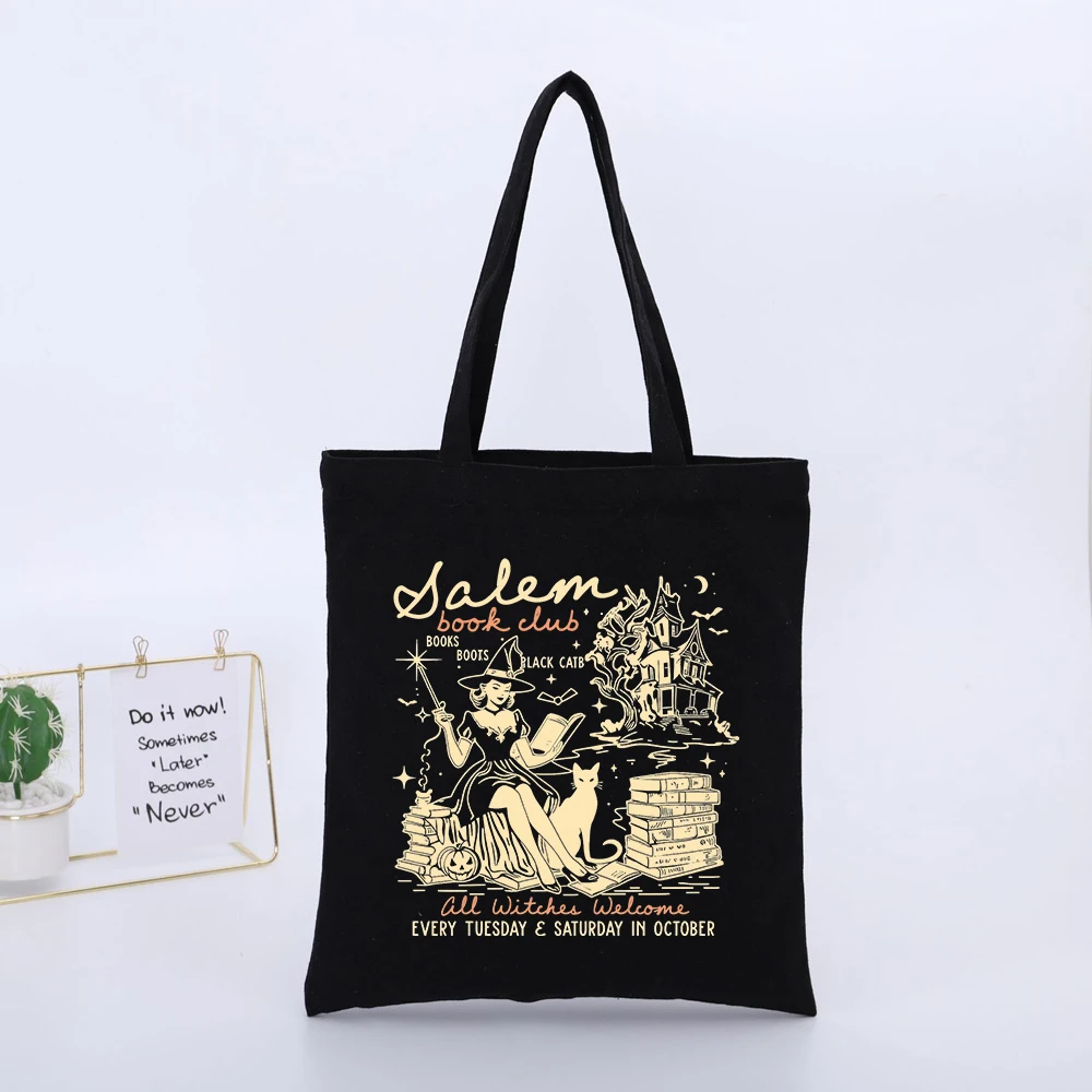 Witch and Cat Graphic Canvas Tote Bag, Vintage Style for October Casual Outings and Book Club Gatherings