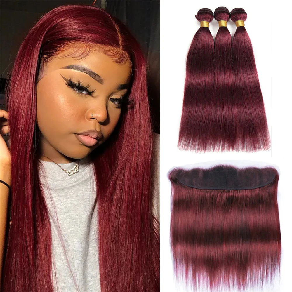 99J Bundles with Lace Frontal Straight Remy 100% Human Hair Weaves 3 Bundles with 13x4 Lace Front Burgundy Human Hair Tissage