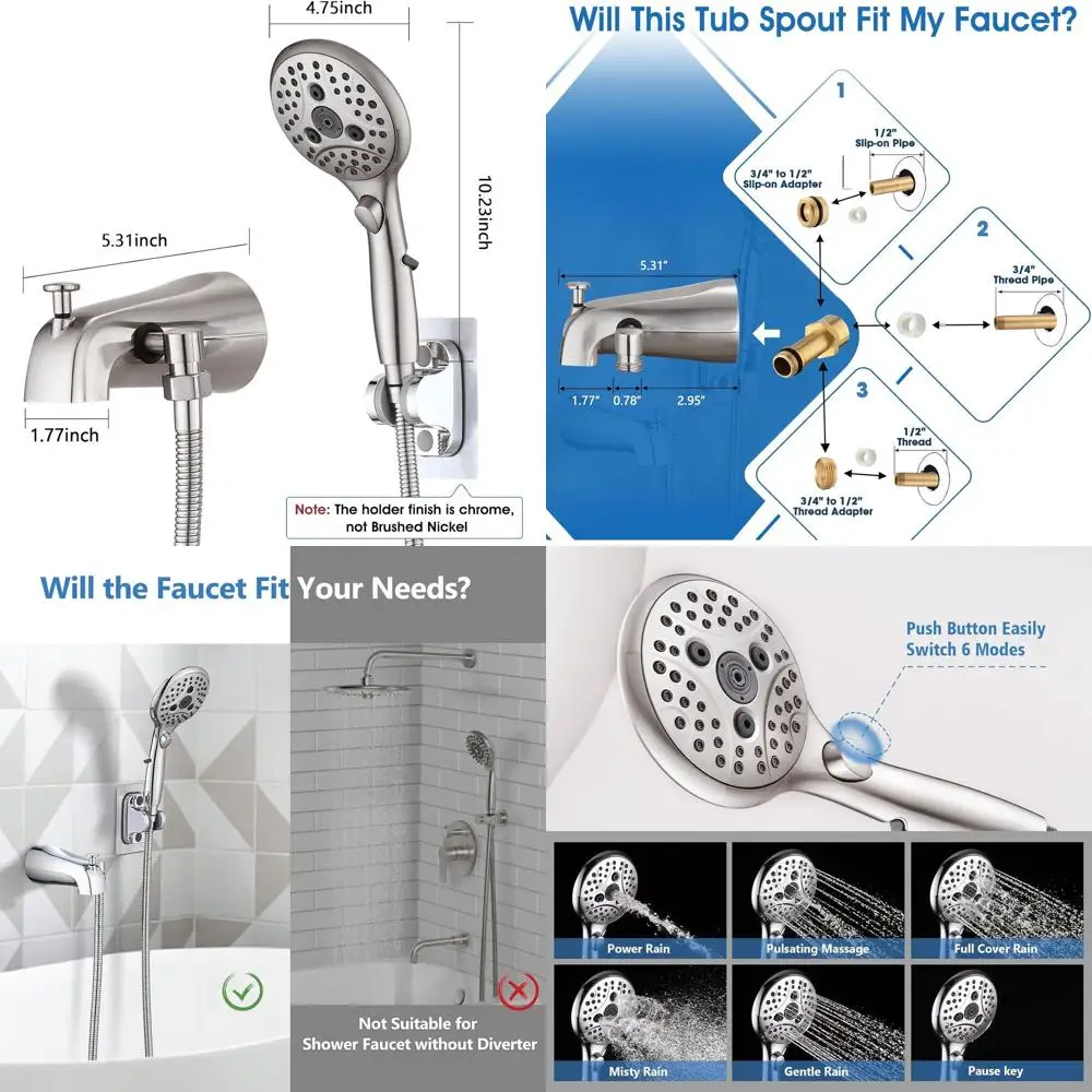 

6-Setting Diverter Handheld Shower with Pause, Brushed Nickel Tub Faucet Sprayer