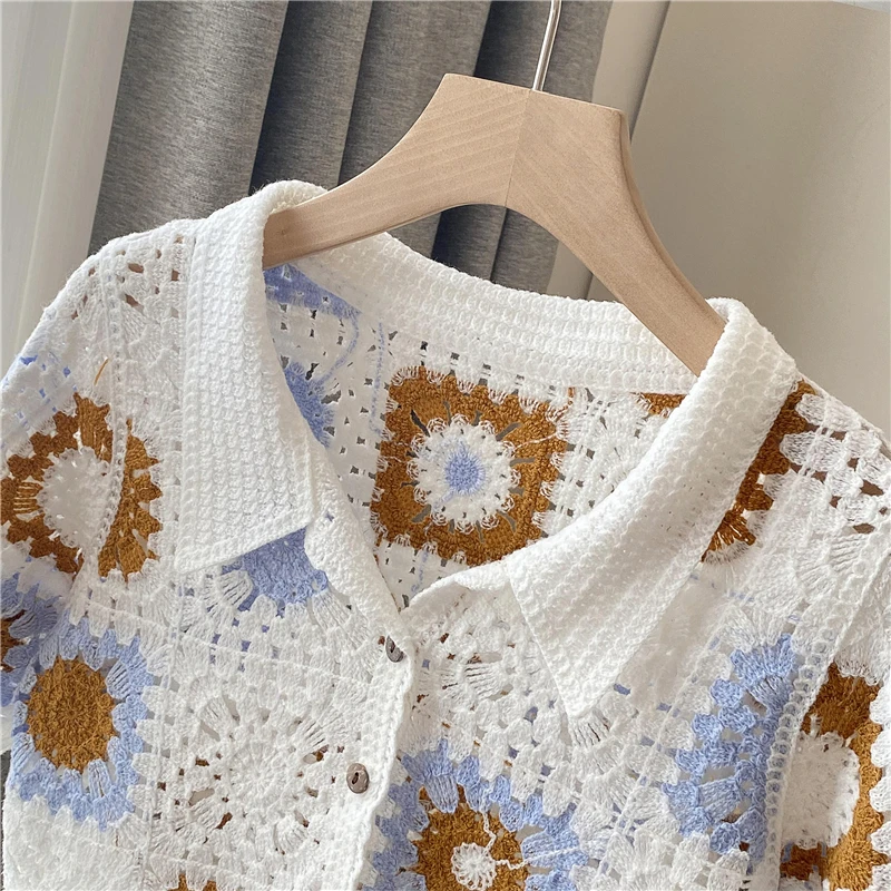 Granny Square Crochet Button-up Top Short Sleeve Sheer Open-knit Crop Cardigan for Women Teengirl Fairycore Vintage Outfit