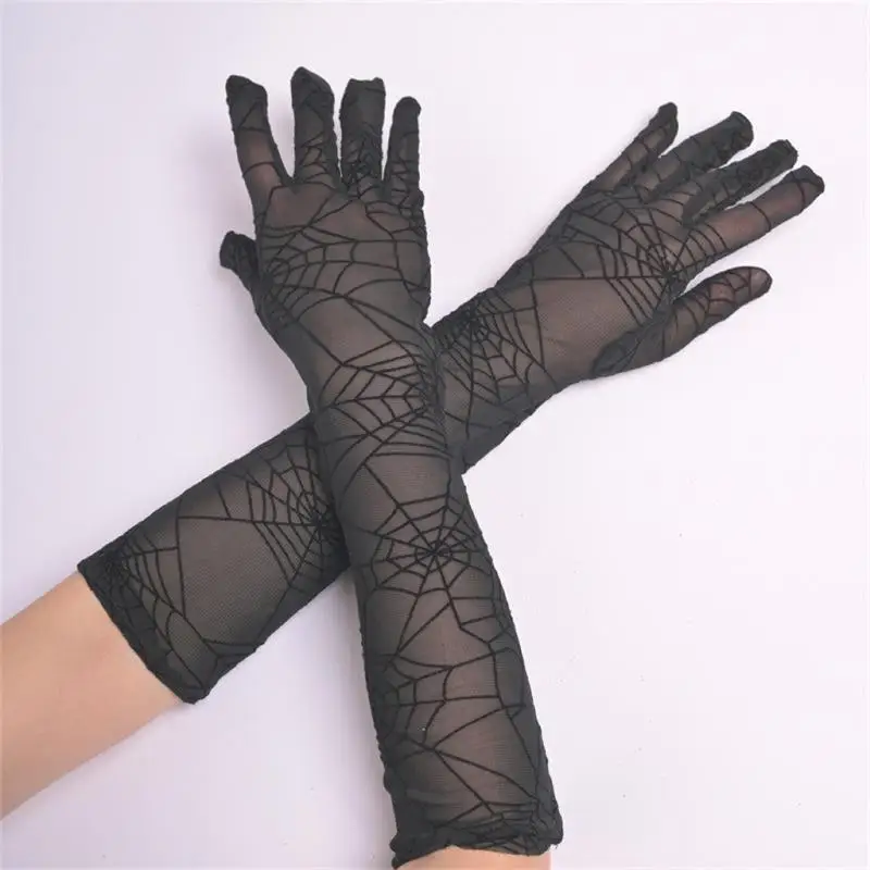 Gloves Halloween Cosplay Fingerless Long Sheer Spider Web Mesh Polyester Black Lightweight Breathable Party Stage Show