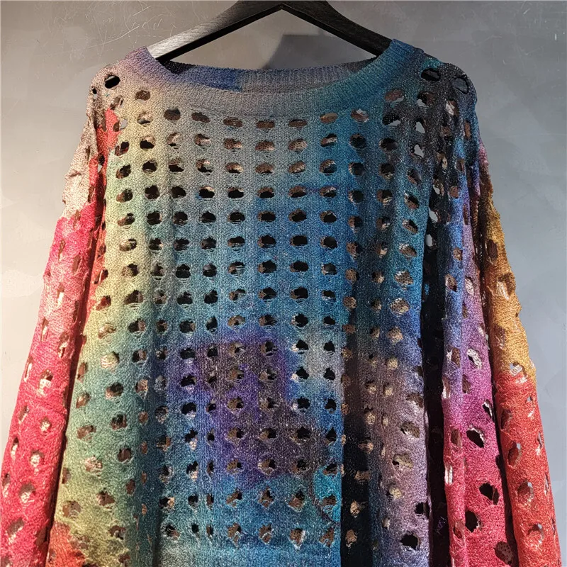 WHT Nova Moda Feminina Gradiente Oco Out Design Camiseta Solta 2025 Verão Na Moda O-pescoço Mangas Compridas Tops Feminino 1LS1692