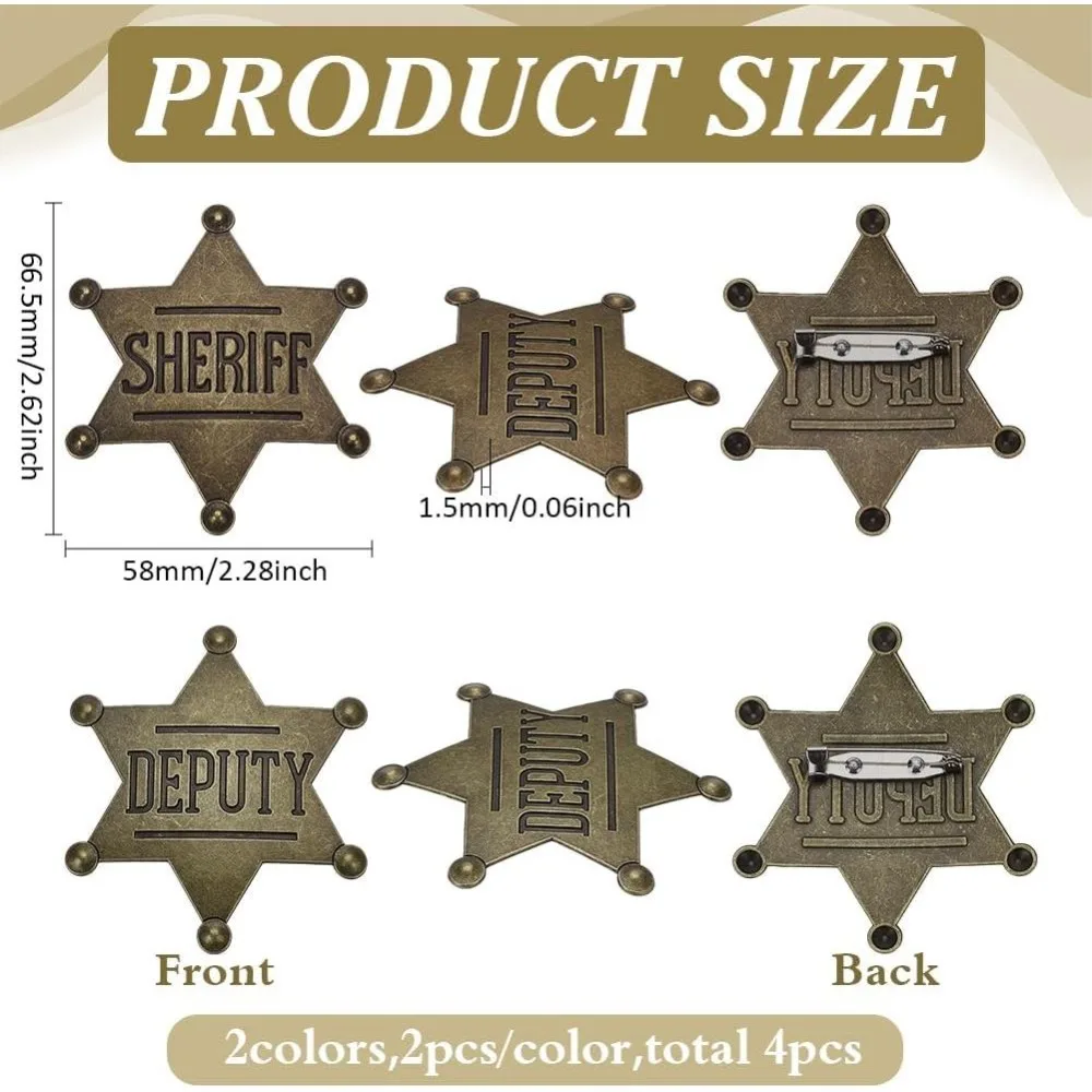 4 Pcs Style Alloy Sheriff Badge 2.6x2.28 inch Deputy Sheriff Metal Pin Bronze/Golden Police Brooch Western Cowboy Star Shape