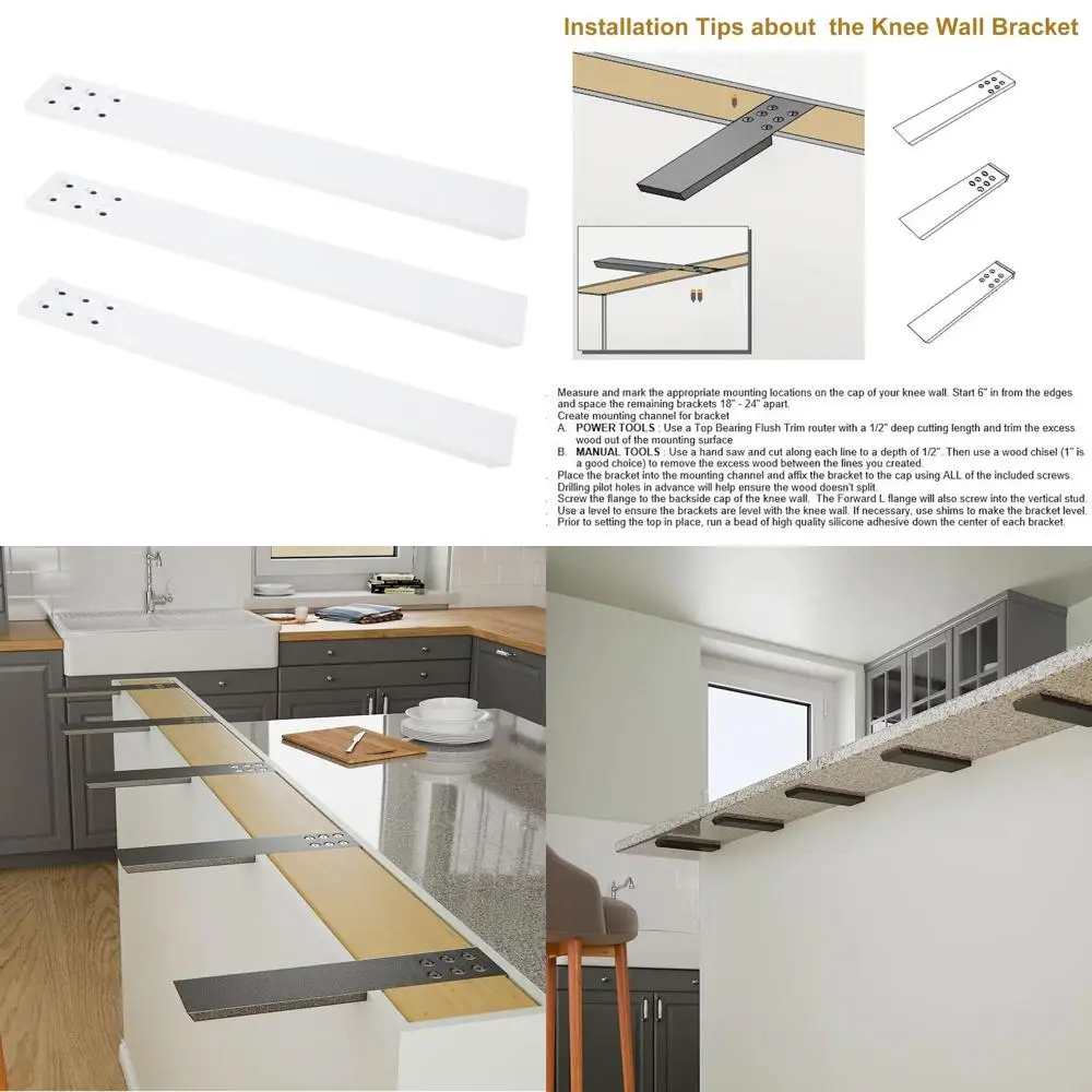

3-Pack 20 x 2.5 White Hidden Countertop Support Brackets for 3/8 Thick Quartz, Granite, Wood, and Concrete Counters with Screws