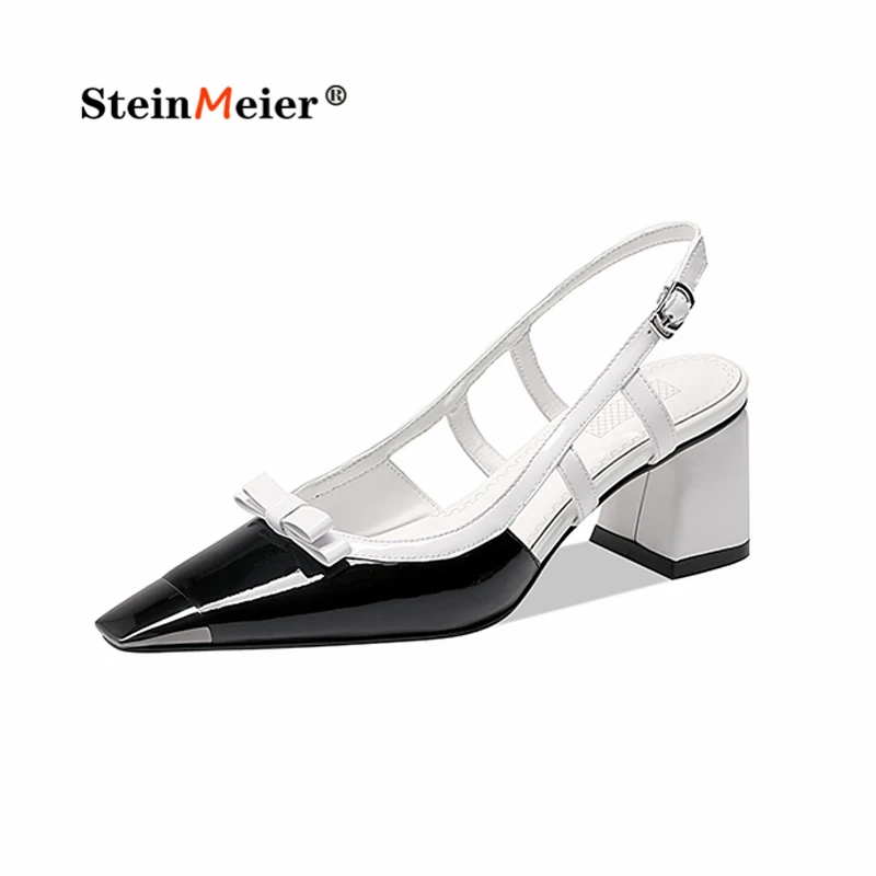 

Genuine Leather Thick Heels Sandals For Women Bow Summer Thick Heels Shoes Woman Daily Working Women Pumps Pink shoes