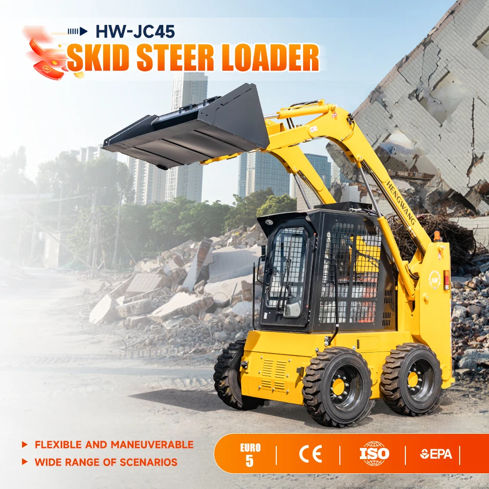 JC45 Mini Skid Steer Loader 1 ton 2 ton 3 ton Compact 4x4 Small Wheel Loader 700kg Rated Load for Construction Farm Landscaping