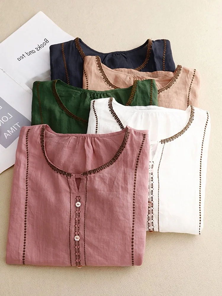 

Летний женский круглый топ большого размера из хлопка и льна с художественной вышивкой в стиле ретро, повседневный топ на пуговицах с декоративной отделкой