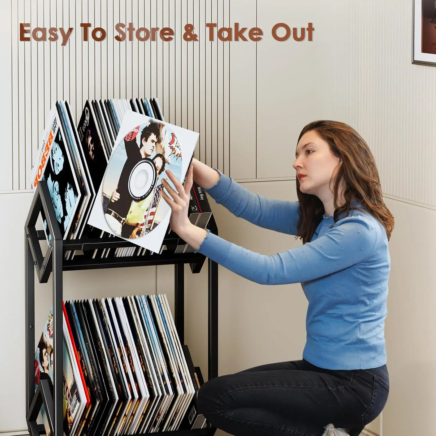 Matte Black Vinyl Record Storage Rack for 160-200 LPs, Albums, Books, and Magazines
