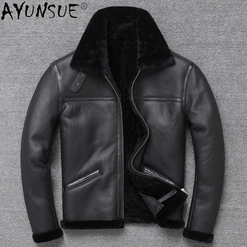 AYUNSUE Genuine Leather Jacket Men Real Fur Winter Male Jacket Sheepskin Coat Shearling Jacket Men Warm Vintage Flight Jackets