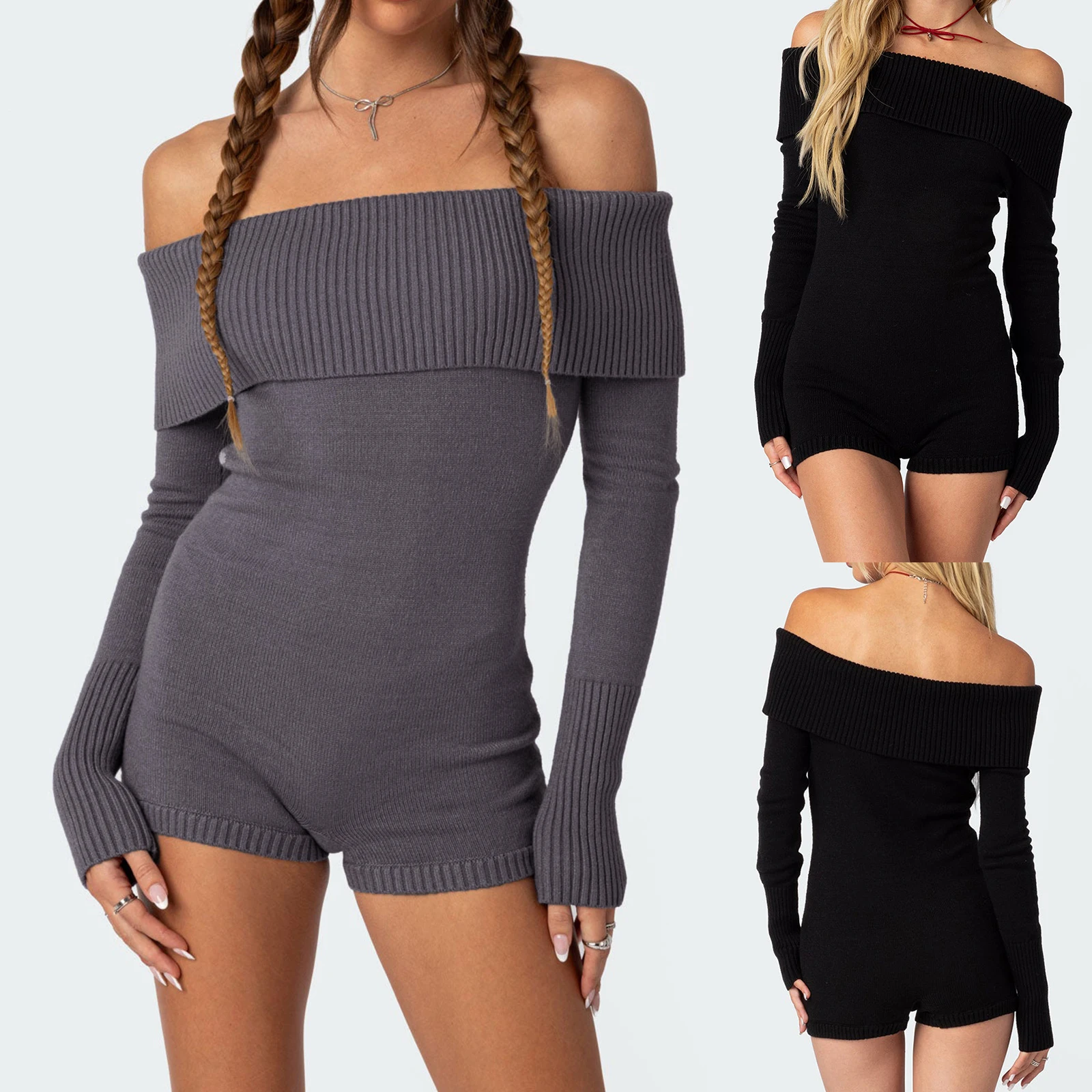 Women Knitted Playsuits Solid Color Boat Neck Off Shoulder Short Jumpsuits Fall Long Sleeve Slim Sweater Rompers Clubwear