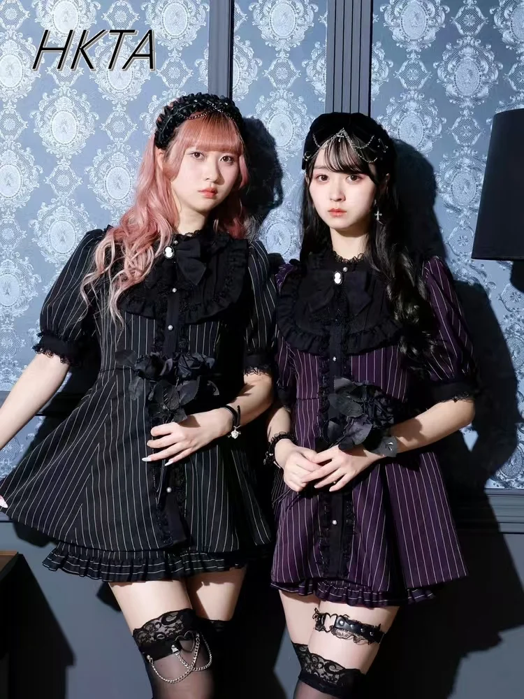 

Japanese Gothic Mine Mass-produced Striped Bow Dress Shorts Set Women Outfit 2025 Summer New Bubble Short-sleeved Dress Suit