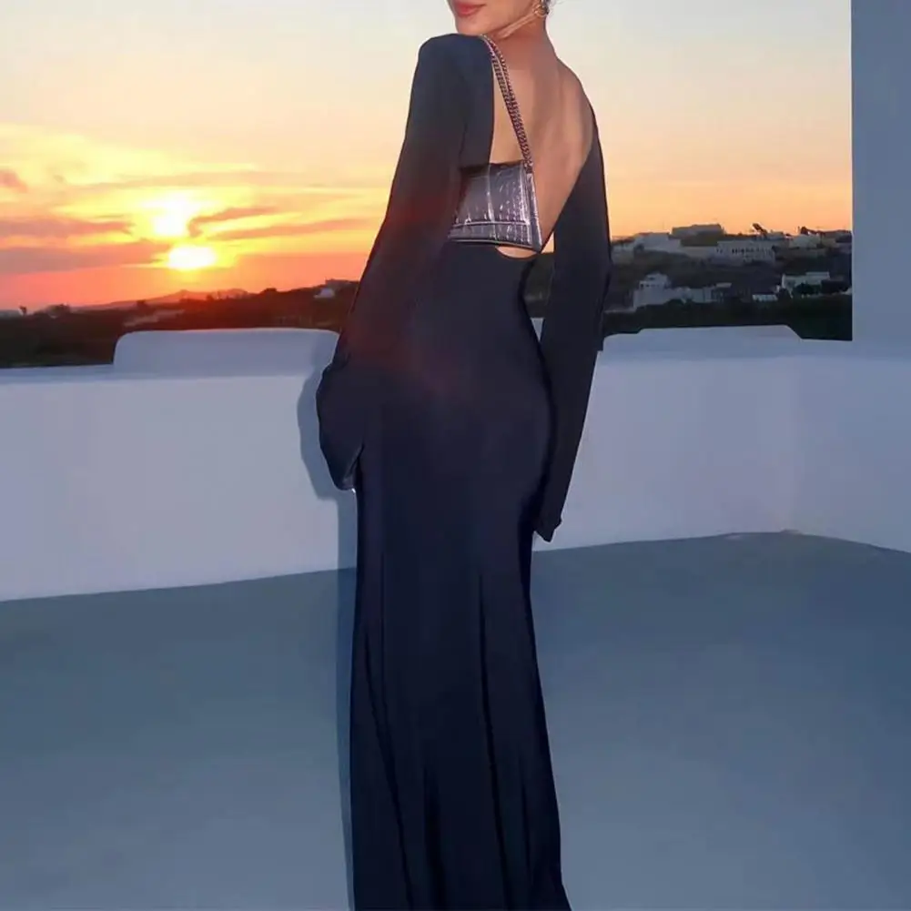 Women Wrapped Dress Flare Long Sleeve Round Neck See Through Sunscreen Solid Color Backless Beach Cover-up Long Dress