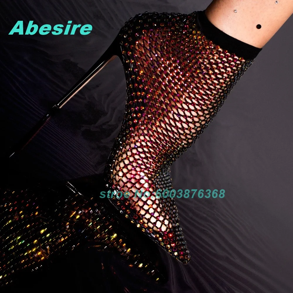 Silver Rhinestone Fishnet Mesh Pointed Toe Sandals Stiletto Heels Slip-On Women's Sandals Elegant Glitter Nightclub Party Shoes