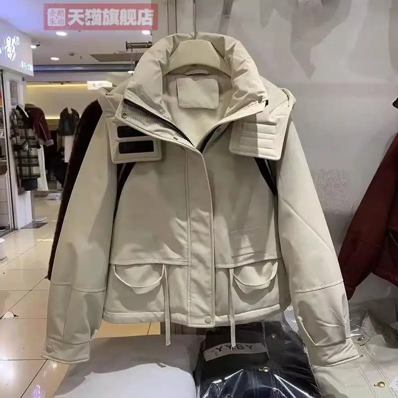 Women Winter New Loose Oceans Colorful Trendy Sweet Zipper Pocket Hooded Casual Warm Cotton Clothes Loose Simple Short Oceans