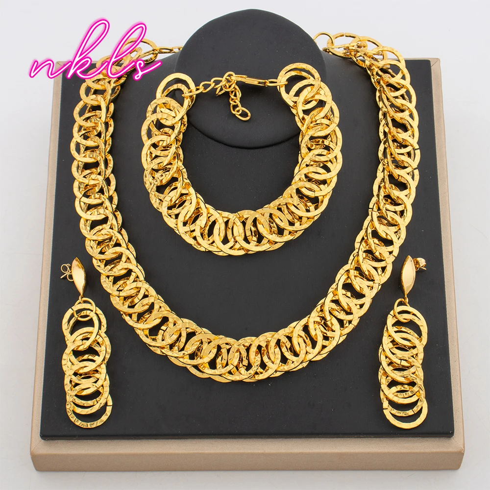 Dubai Fashion Earrings Set Gold Color Necklace Chain African Bracelet Women's Nigerian Jewelry Set for Luxury Wedding Party Gift