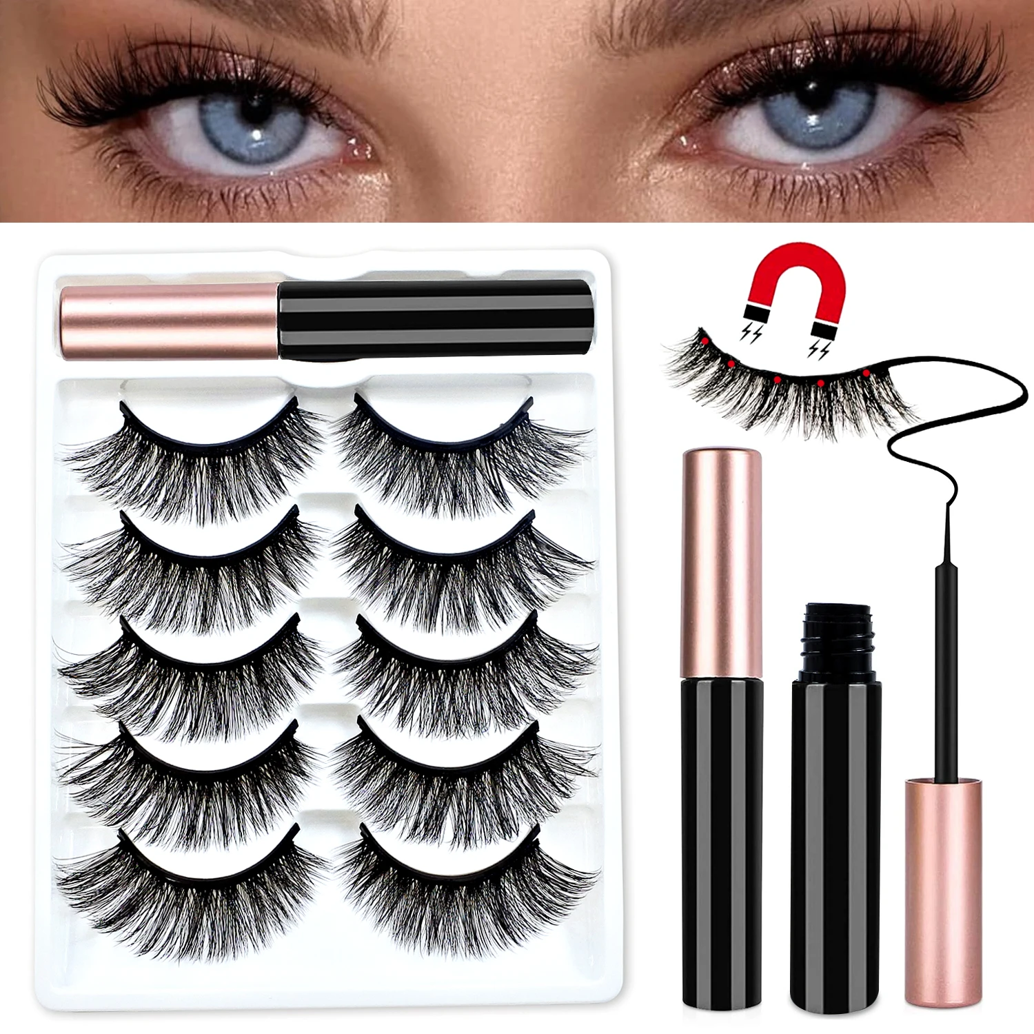 REDSIREN 5Pairs Magnetic Eyelashes With Eyeliner Reusable Thick Natural Eye Lashes New 5Piece Magnet False Eyelashes