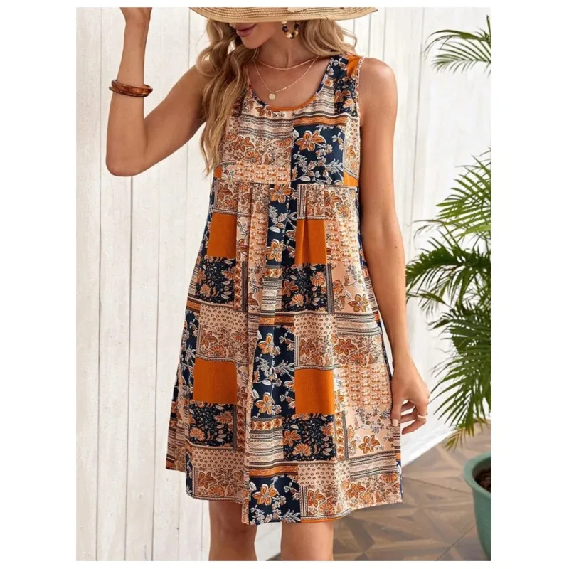 2024 Loose Midi Spring/Summer New Women's Casual Women's Fashion Printed U-shaped Collar Sleeveless Tank Top Hooded A-line Dress