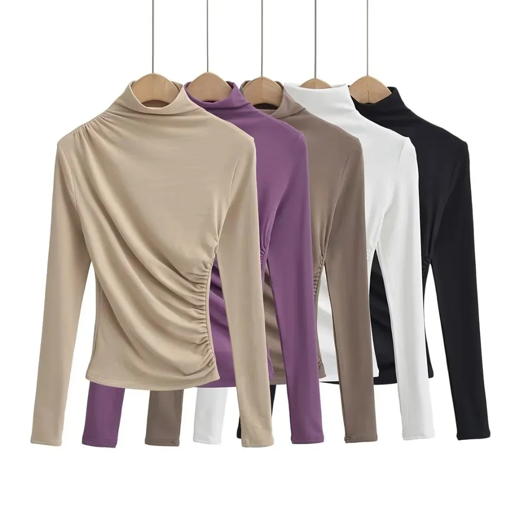 Sexy plissado base cabida irt f gola alta elástica fce forrado camiseta feminina faionable busin longo sve poliéster