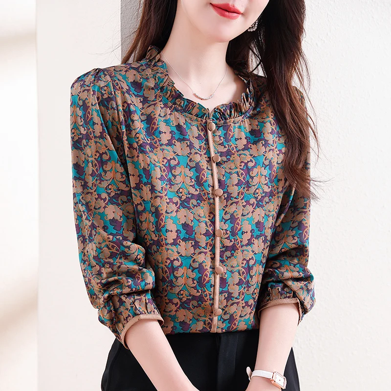 Women Summer Autumn Style Chiffon Blouses Shirt Ladies Chic Ruffles Collar Printed Casual Loose Tops Fashion Blusas Mujer 2024