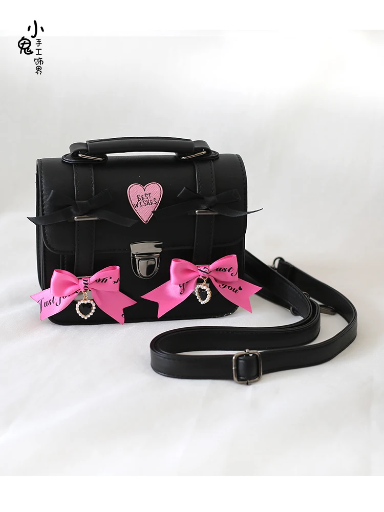 Sweet Cool Black Pink Japanese Jk Uniform Bag Lolita Bow Cambridge Bag Academy Style Cross Shoulder Postman Bag