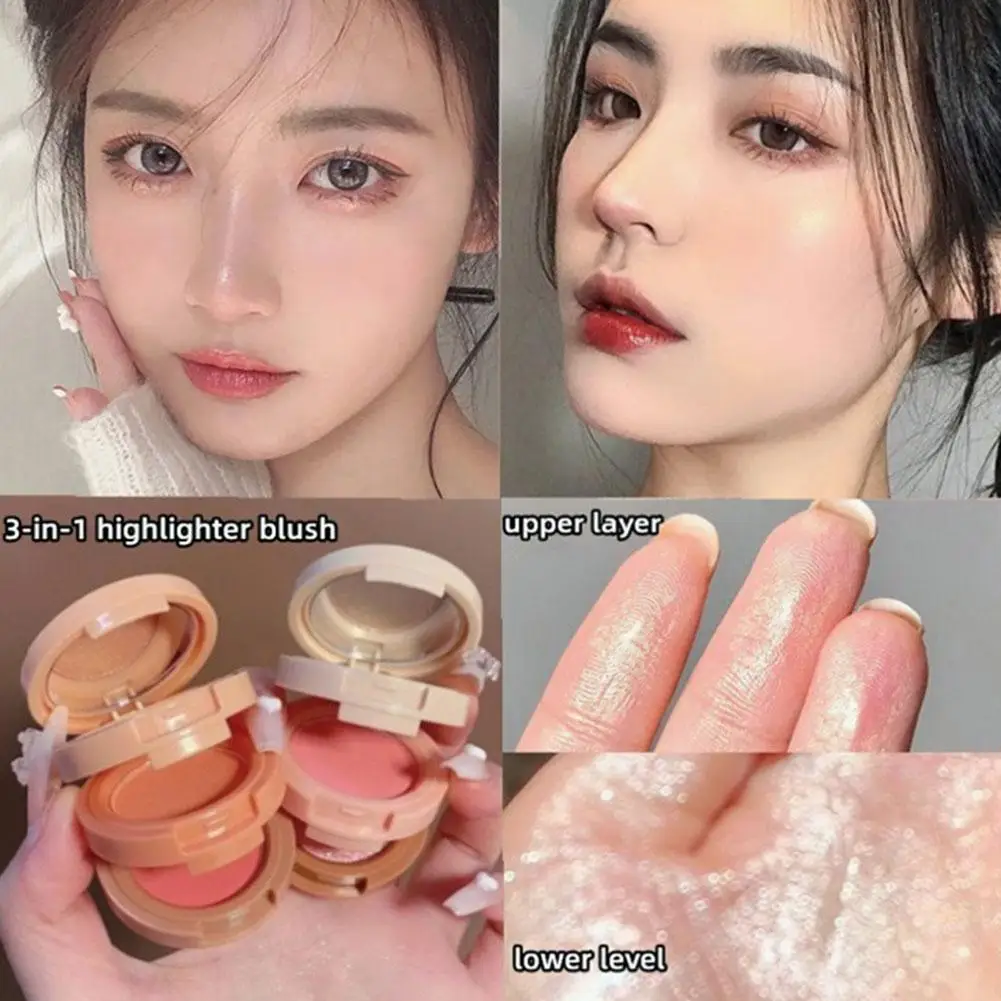 Paleta de rubor resaltador mate 3 en 1, sombra de ojos nacarada brillante, maquillaje, brillo, color melocotón, bronceador, placa de sombra de contorno, cosméticos