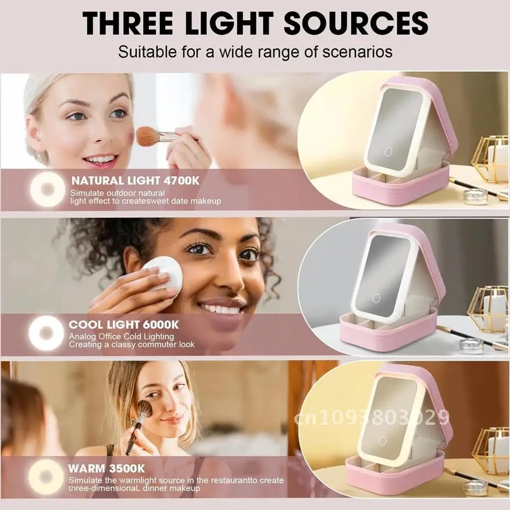 Portabl LED Specchio per trucco regolabile a tre colori Borsa per cosmetici Specchio intelligente illuminato da viaggio per organizzatore regalo Trucco Ragazza Donna
