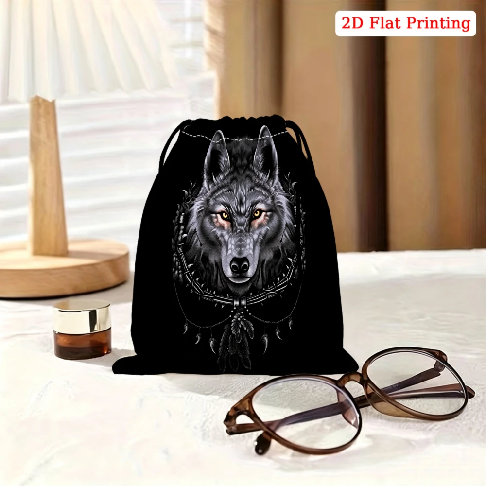 1Pc Wolf Pattern Drawstring Bag Black 2D Flat Printing Storage Small Pouch For Travel Cosmetics Glasses Organizer Unisex Portabl