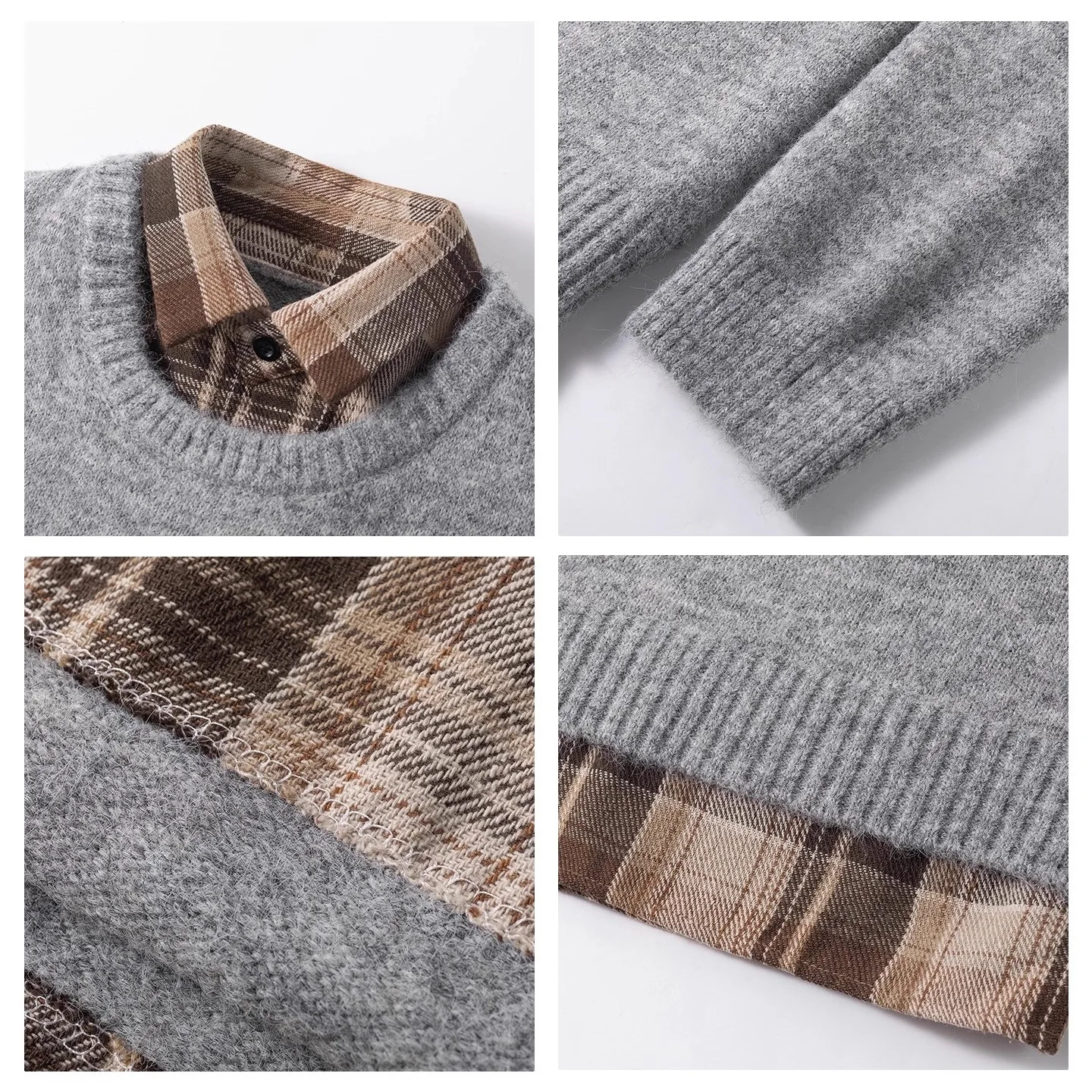 Autumn Winter Fake Two-Piece Plaid Lapel Knit Polo Sweater Men's Premium Business Casual Top