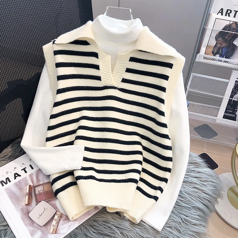 Striped Turn-down Collar Knit Vest For Women Spring Autumn 2024 New Contrasting Colors Tank Top Korean Loose Sleeveless Sweater