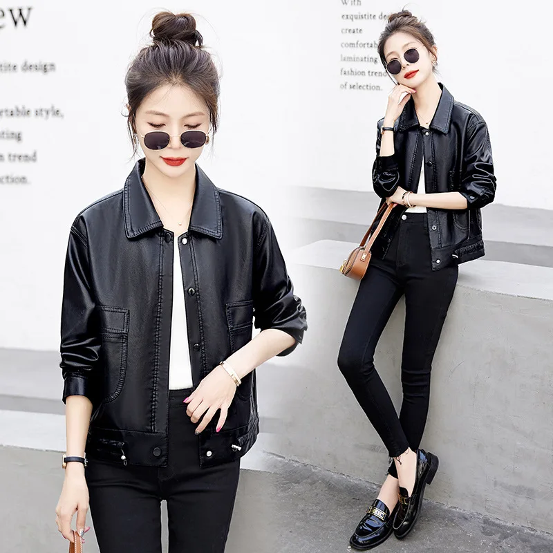 

2024 Spring and Autumn New Women's Sheepskin Small Leather Clothes for Motorcycles, Versatile Skin Covering and Slimming