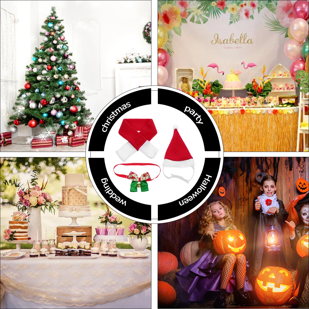 

3Pcs Dog Christmas Accessories Outfit Holiday Themed Red White Scarf Hat Pet Neckchain for Festive Canine Look Pet Christmas