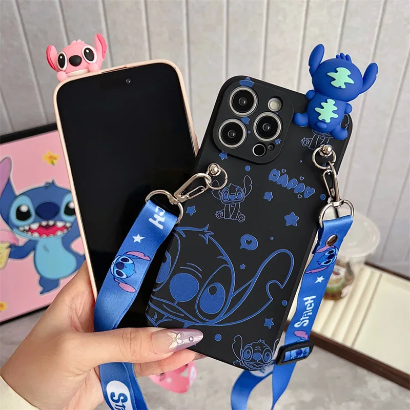 ثلاثية الأبعاد الكرتون غرزة الملاك مع حامل الحبل زوجين جراب هاتف آيفون الهواء 12 13 mini 11 14 15 16e 17 برو ماكس غطاء مقاوم للصدمات #5